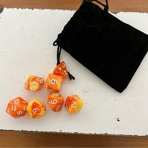 Set Of 7 Dice & Velvet Carry Bag Orange & Yellow